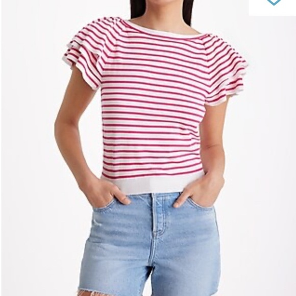 Express Tops - Express Pink and White Flutter Sleeve Fitted Tee